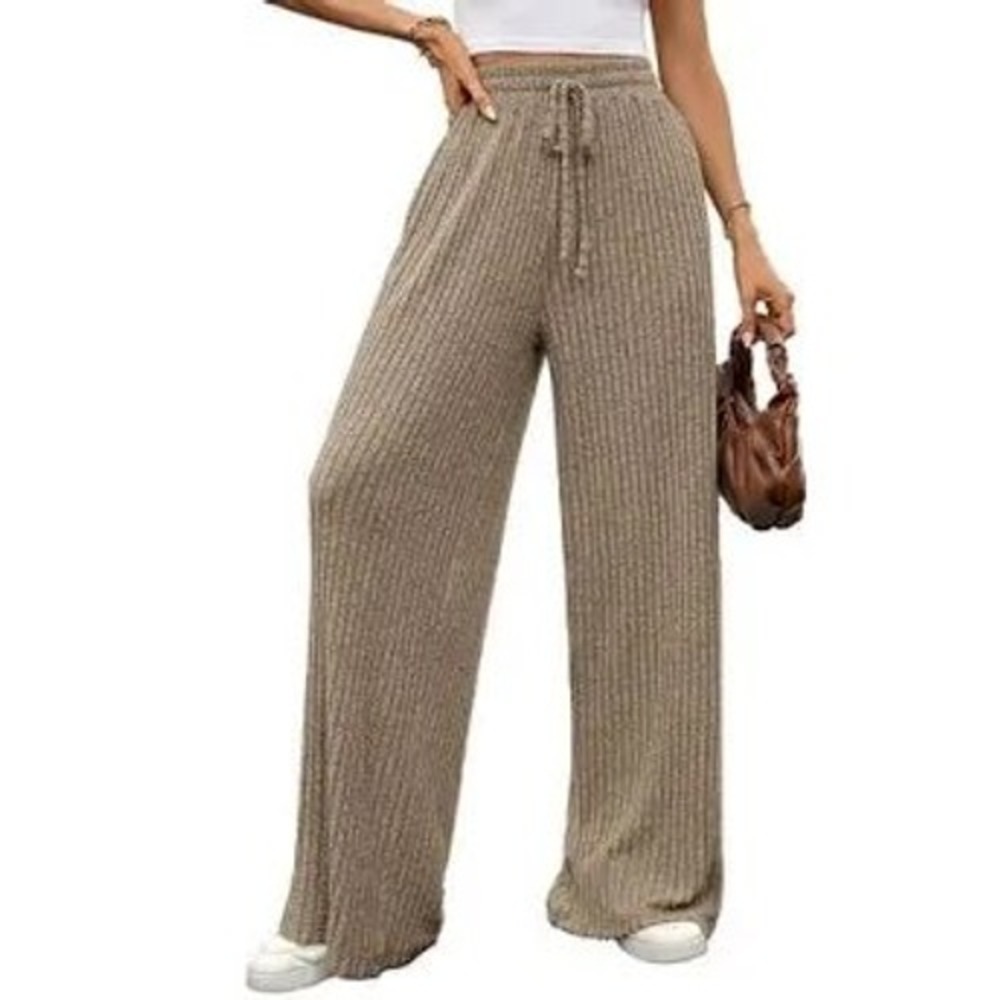 Ribbed Knit Pants Taupe Brown EUC Viscose blend Wide Leg Drawstring Neutral XS